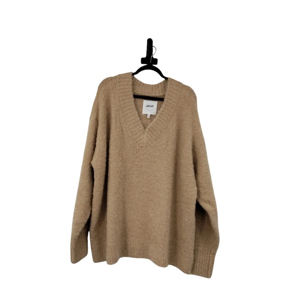 Aerie Womens Teddy Boucle Wool Blend V-Neck Sweater Tan NWT Size XL Oversized - Picture 2 of 9